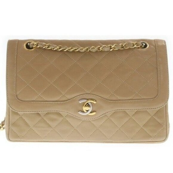 Authentic CHANEL CC Paris Limited Double Flap Bag Lambskin Matelasse Chain Beige - Picture 3 of 8